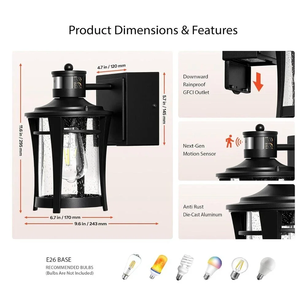 GLEAMZ Motion Sensor Outdoor Wall Lantern Light w/ GFCI Outlet Dusk to Dawn New
